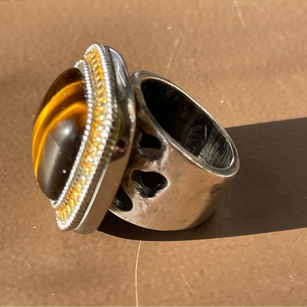 Big beautiful tiger eye sterling silver snd gold plate square ring size 7 - Picture 7 of 9
